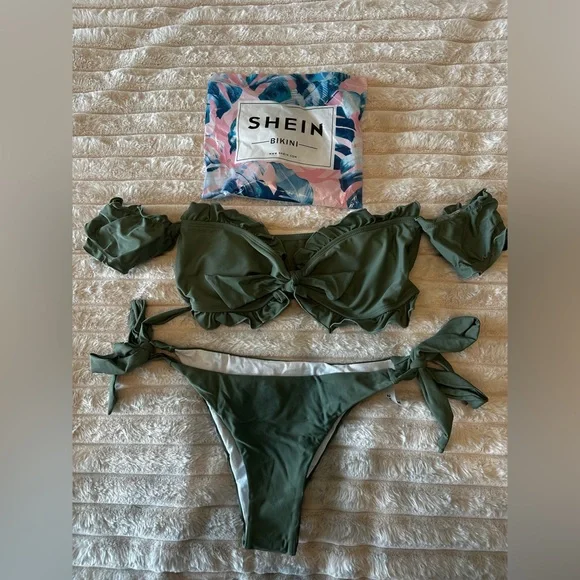 SHEIN New Sage Olive Green Ruffled Tie Bikini Set Off Shoulder - Picture 1 of 5